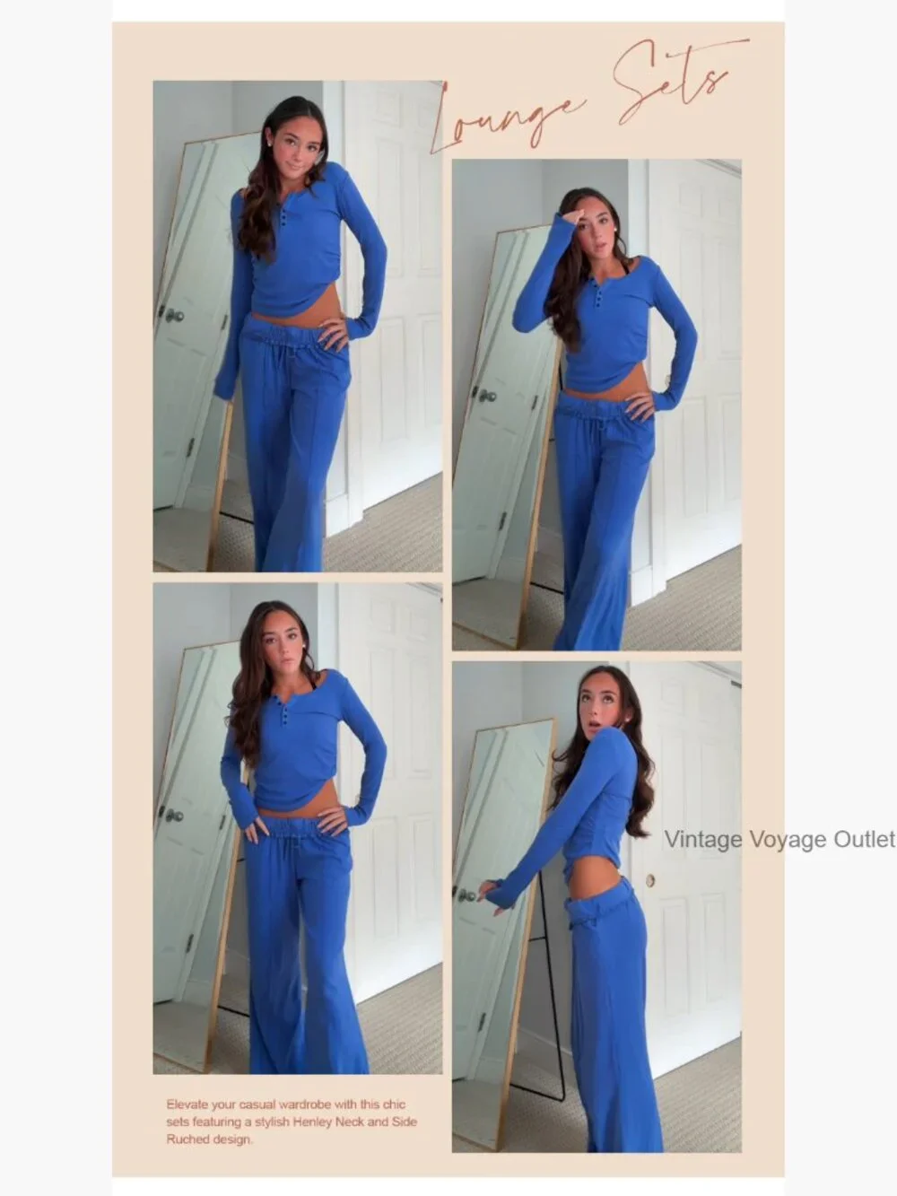 2 Piece Lounge Set Long Sleeve Henley Wide Leg Pants Travel Outfit - Picture 7 of 7